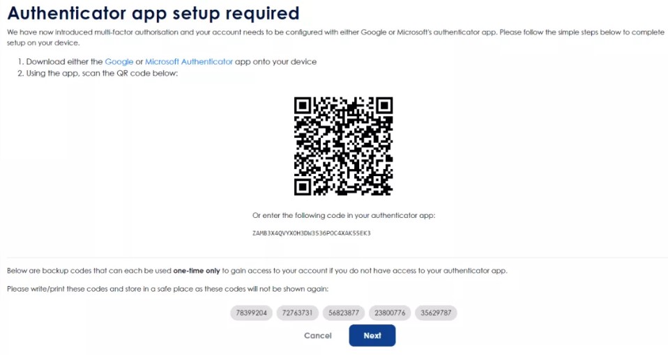 Authenticator app setup